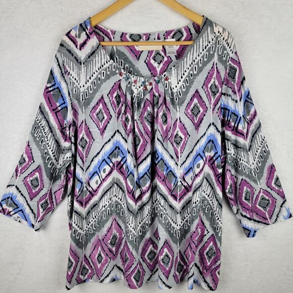 Bohemian 2X Knit Tunics Pullover Purple Blue Jeweled Printed Tops Casual 2 Lot - Picture 11 of 15